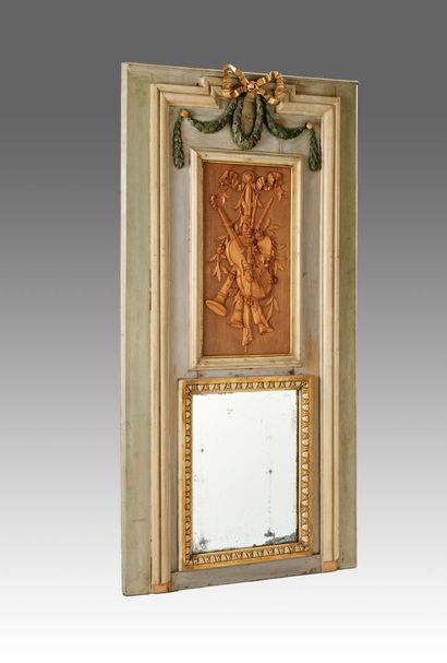 Carved wood trumeau, lacquered blue and green...