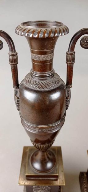 Paire de vases fuseaux en bronze à patine...