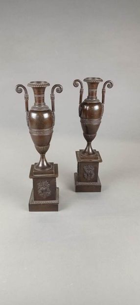 Paire de vases fuseaux en bronze à patine...