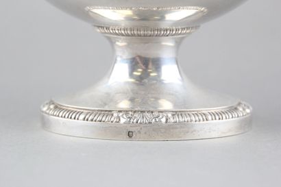 Sauceboat in silver on its polylobed display.

Decorated...