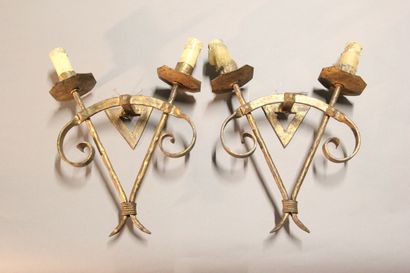 Pair of sconces with two lights in gilded...