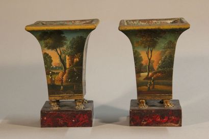 Pair of flared planters in polychrome sheet...