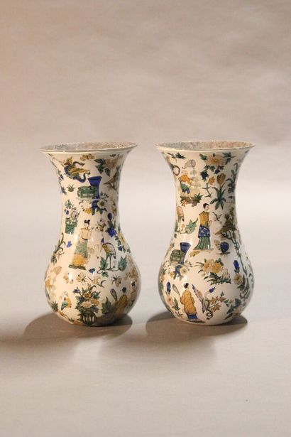 Pair of glass baluster vases with decalcomanied...