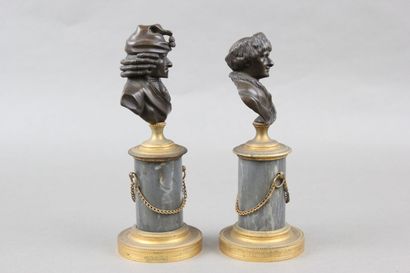 Pair of patinated bronze desk busts representing...