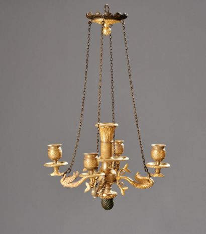 Small chandelier in gilded and chased bronze.

With...