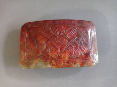 CHINA

Rust and spinach jade belt buckle.

Incised...