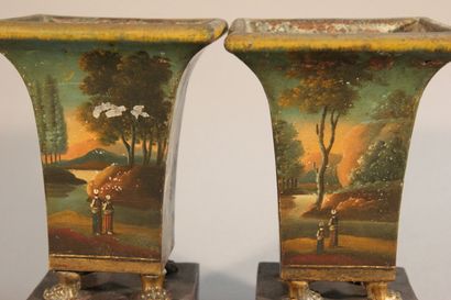 Pair of flared planters in polychrome sheet...