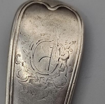 Silver ladle decorated with nets.

Dish of...