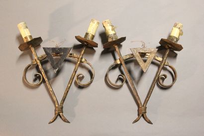 Pair of sconces with two lights in gilded...