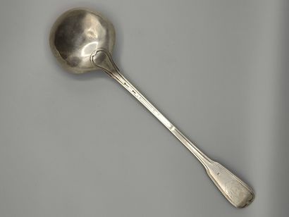 Silver ladle decorated with nets.

Dish of...