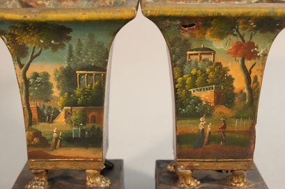 Pair of flared planters in polychrome sheet...