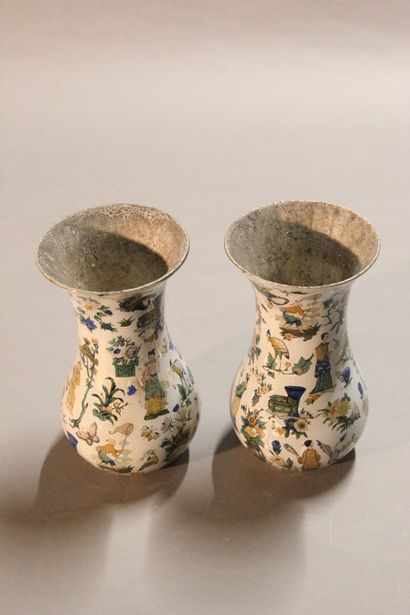Pair of glass baluster vases with decalcomanied...