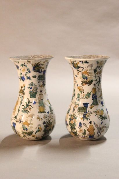 Pair of glass baluster vases with decalcomanied...