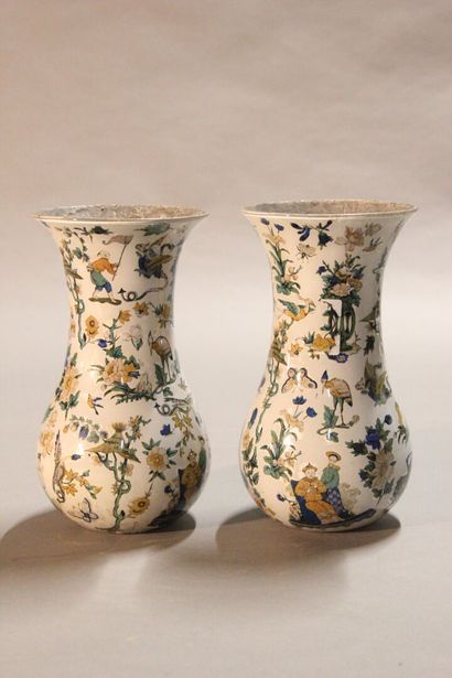 Pair of glass baluster vases with decalcomanied...