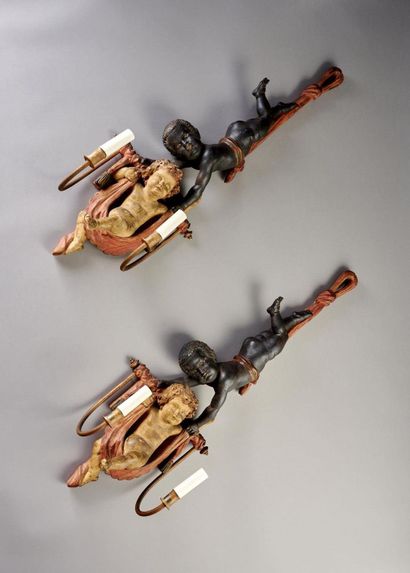 Important pair of sconces in polychrome patinated...