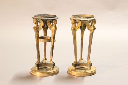 
Pair of gilt bronze cups supported by sphinxes...
