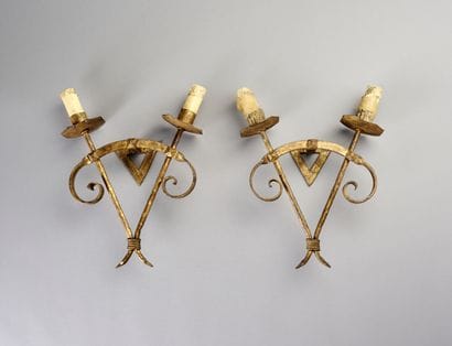 Pair of sconces with two lights in gilded...