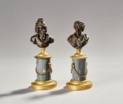 Pair of patinated bronze desk busts representing...