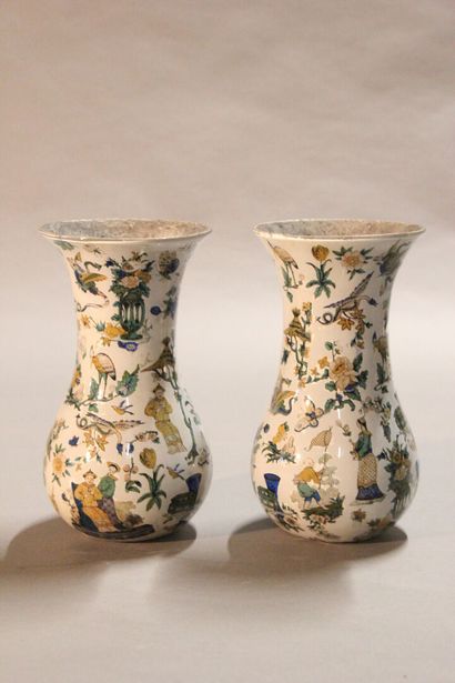 Pair of glass baluster vases with decalcomanied...