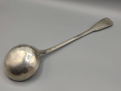 Silver ladle decorated with nets.

Dish of...