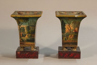Pair of flared planters in polychrome sheet...