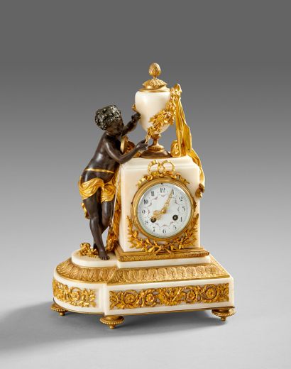 White marble and bronze clock with double...