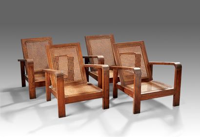 Suite of four armchairs in exotic wood on...