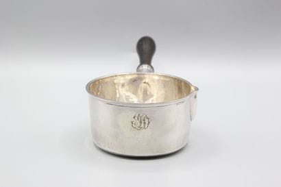 Silver saucepan, turned blackened wood handle.
Body...