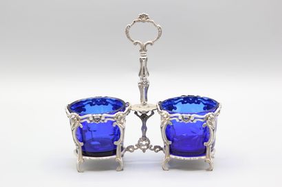 Double silver salad bowl decorated with scrolls...