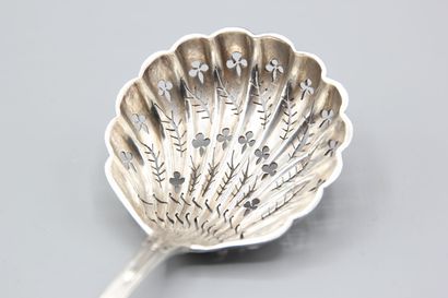 Silver sugar spoon of filets model with foliage....