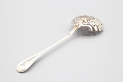 Silver sugar spoon of filets model with foliage....