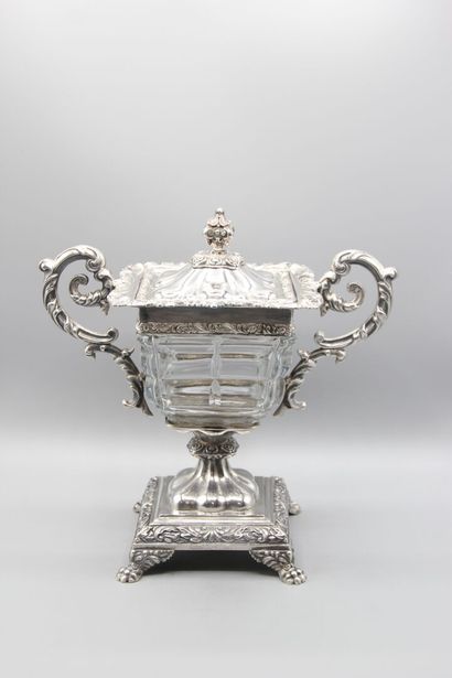 Covered drageoir, of square form, silver...