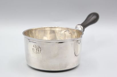 Silver saucepan, turned blackened wood handle.
Body...