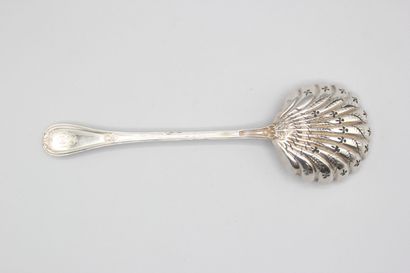 Silver sugar spoon of filets model with foliage....