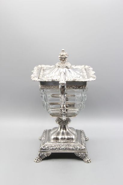 Covered drageoir, of square form, silver...