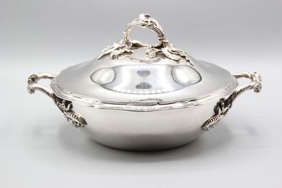 Silver covered vegetable dish with fretel...