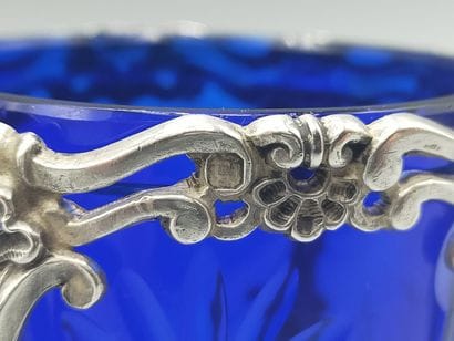 Double silver salad bowl decorated with scrolls...