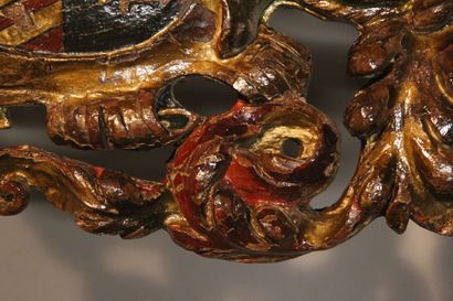 Élément décoratif en bois sculpté, polychromé...