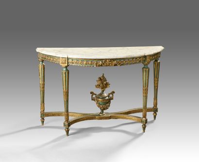 Large half-moon console in carved wood rechampi...