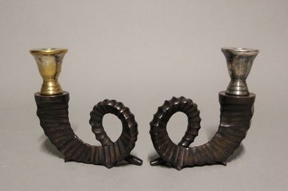 Pair of bronze candlesticks with three patinas...