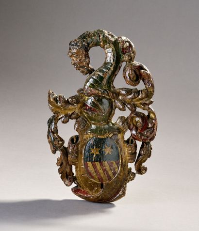Élément décoratif en bois sculpté, polychromé...