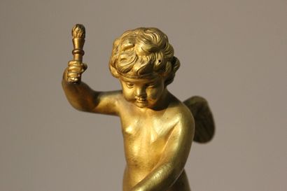Pendule dite à l'Amour en bronze à deux patines...