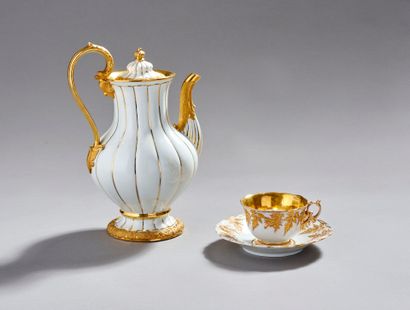 MEISSEN.
Coffee pot, cup and saucer in white...