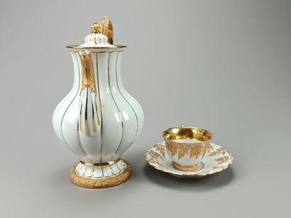 MEISSEN.
Coffee pot, cup and saucer in white...
