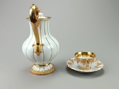 MEISSEN.
Coffee pot, cup and saucer in white...