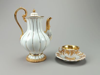 MEISSEN.
Coffee pot, cup and saucer in white...