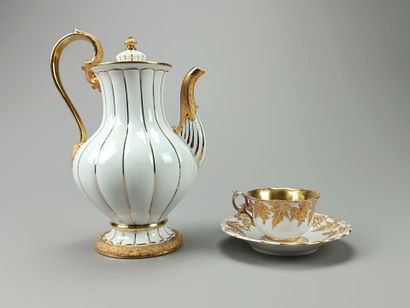 MEISSEN.
Coffee pot, cup and saucer in white...