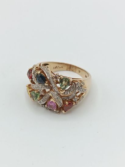 Bague en or jaune 585°°, chaton formant rubans...