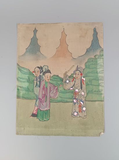 CHINE 
Six aquarelles sur soie figurant des...