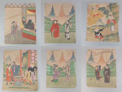 CHINE 
Six aquarelles sur soie figurant des...